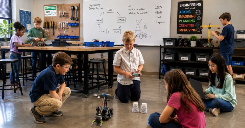 Young Discovery students collaborating with a teacher