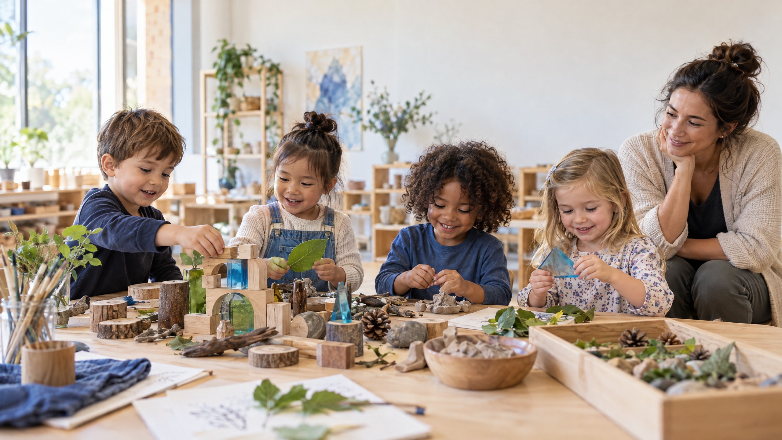 Preschool children collaborate with natural materials and blocks in a bright inquiry-led classroom.