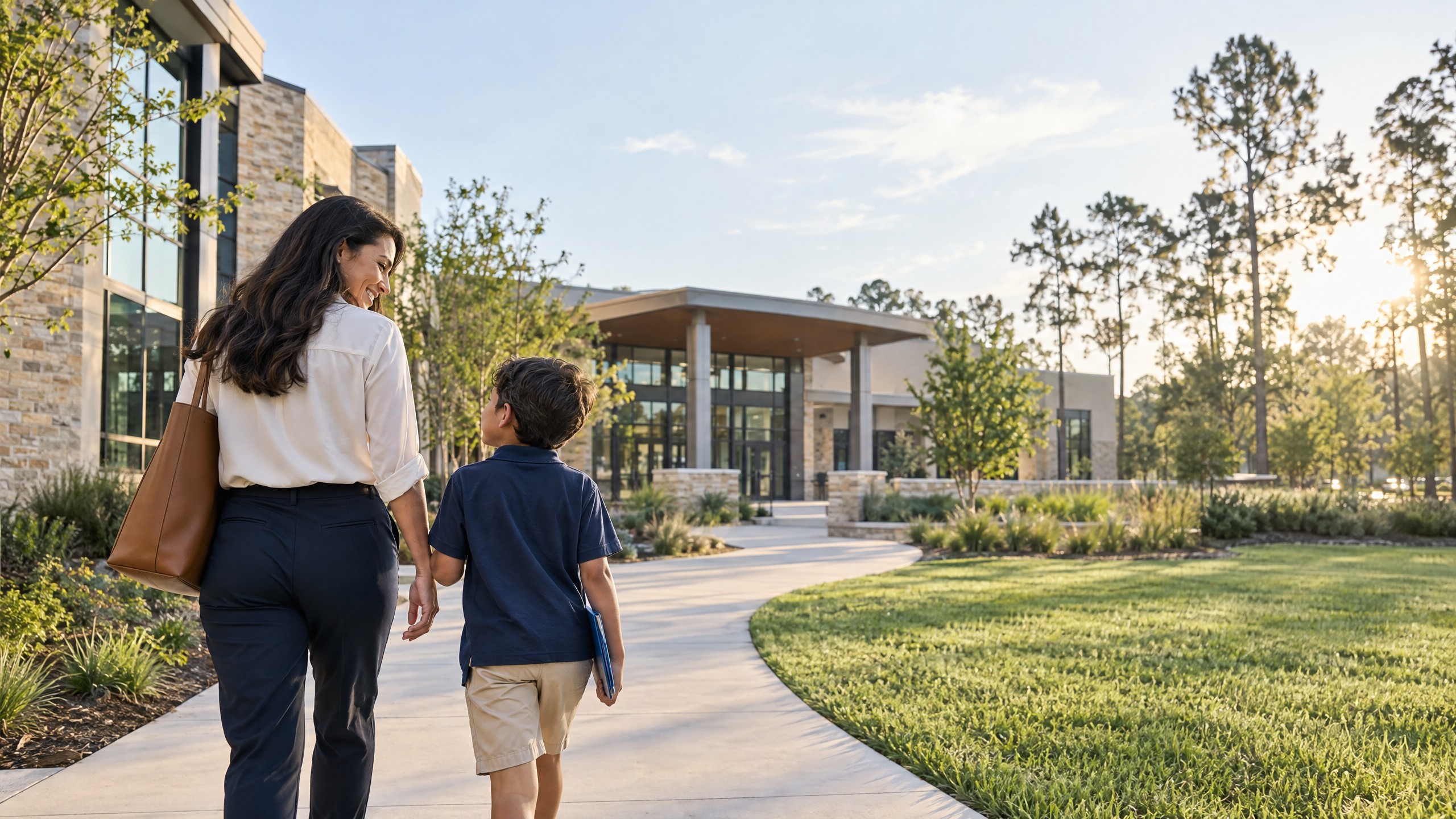 A parent and elementary-age child walking toward a modern school campus in The Woodlands area.